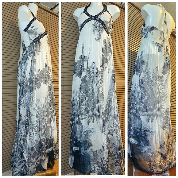 Versace style full-length maxi summer dress gown halterneck elasticated back - Picture 10 of 16